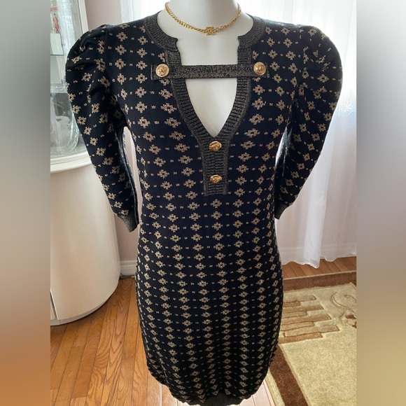 LARA Black and Gold Sheath Mini Dress with Puff Sleeves - Picture 8 of 16